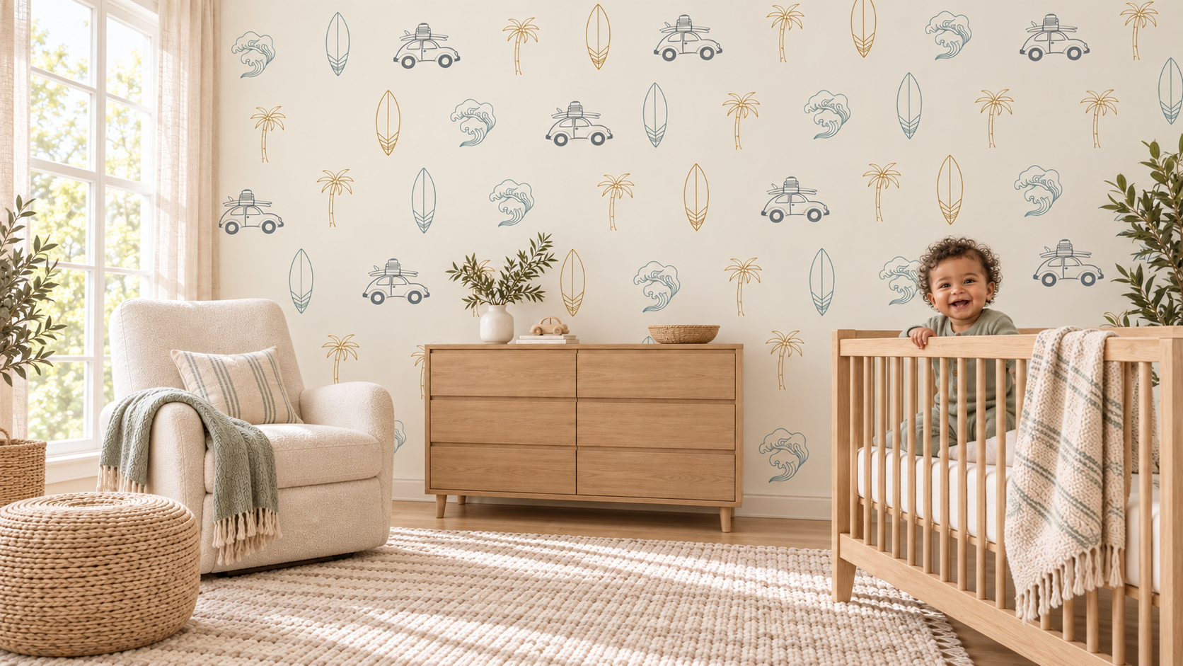 Sunlit nursery with Road Trip wallpaper and a smiling baby