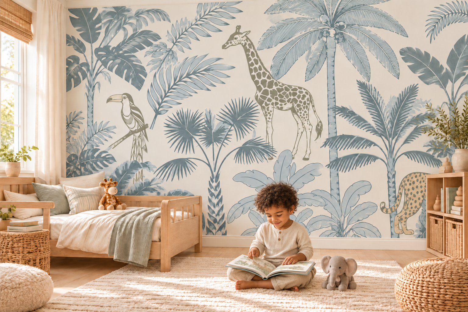 Boy reading in a room with blue safari wallpaper